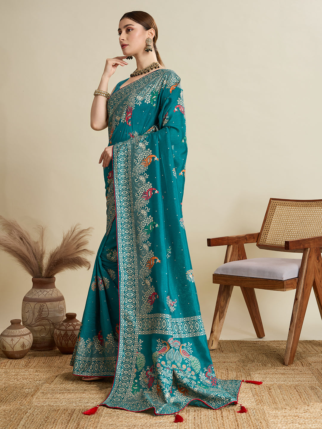Rama Green Cotton Saree With Table Printed And Foil Work With Pipeing Border