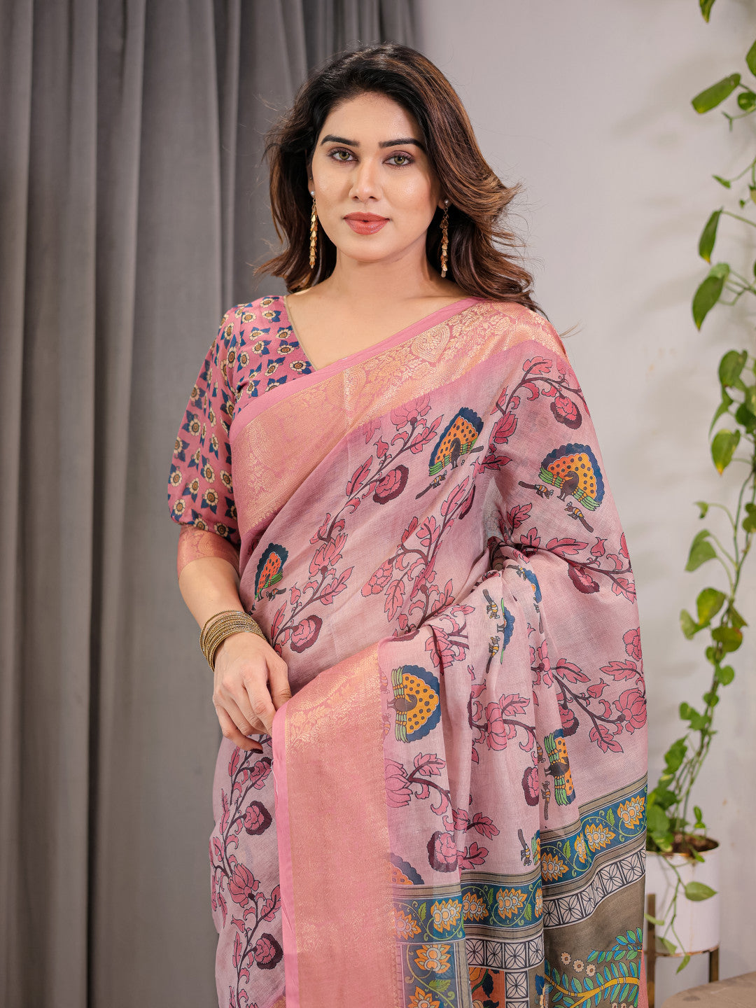 Kalamkari Digital Printed Linen Cotton Saree
