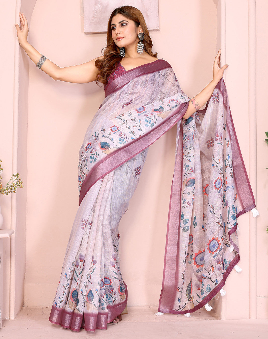Lavender Linen Cotton Saree With Digital Printed Work And Silver Zari Border