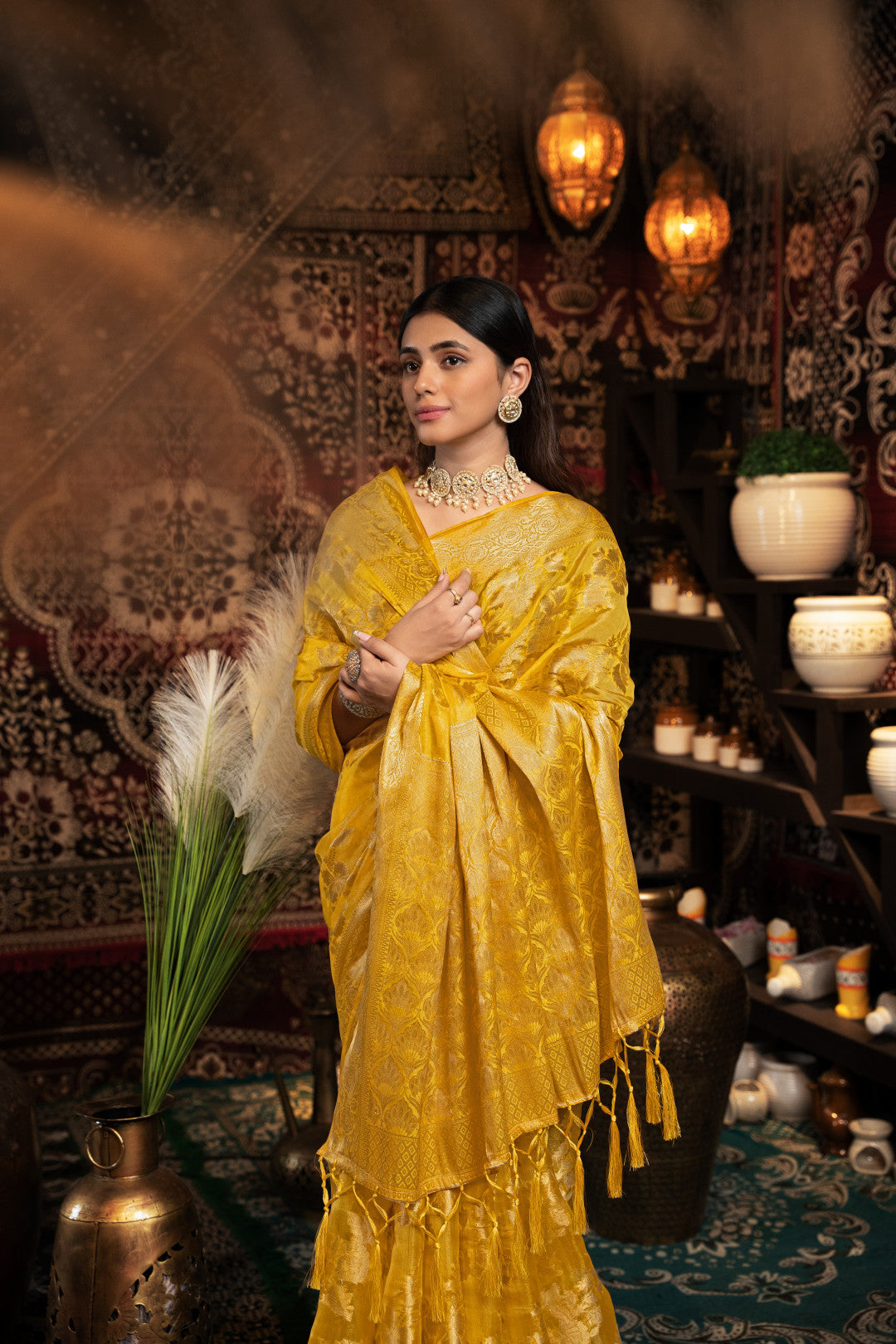 Yellow Jimmy Choo Saree With Weaving Work