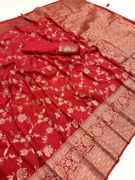 Red Luxurious Viscose Khaddi Georgette Banarasi Saree With Zari Weaving Work