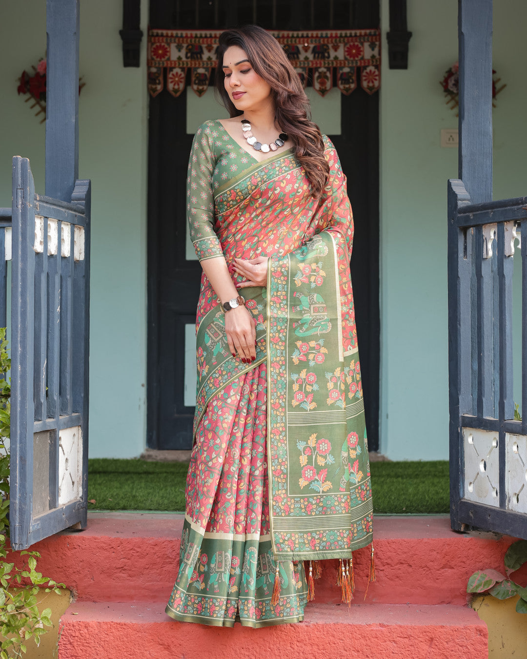 Kalamkari Digital Printed Linen Cotton Saree