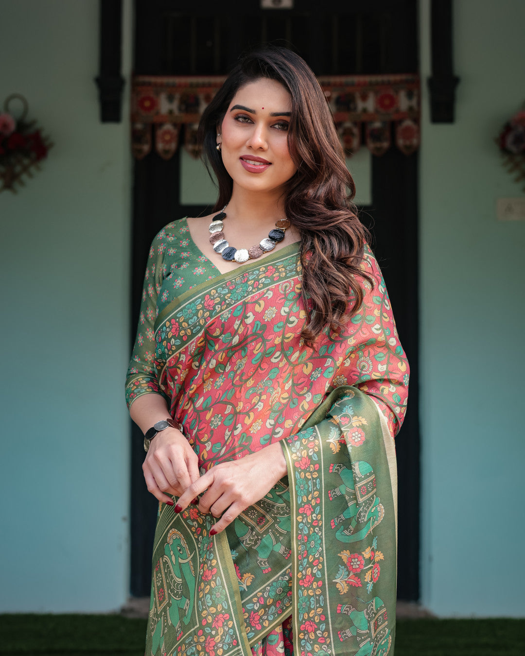 Kalamkari Digital Printed Linen Cotton Saree