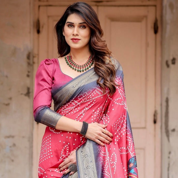 Pink Kalamkari Digital Printed Dola Silk Saree With Gold Zari Border