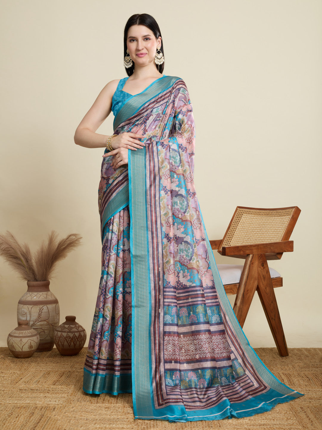 Multi Soft Cotton Saree With Digital Printed Pallu & Zari Border