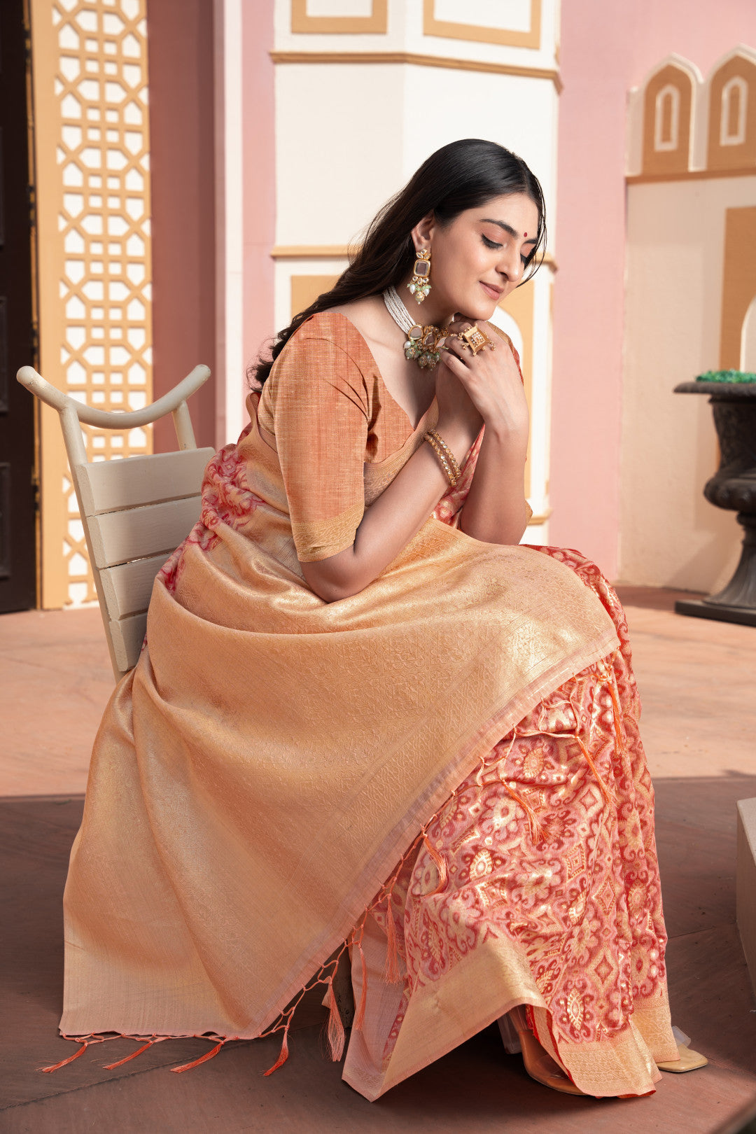 Peach Cotton Ikkat Silk Saree With Zari Woven Work
