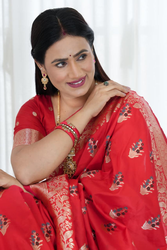 Red Pure Soft Banarasi Saree With Meenakari Weaving Work