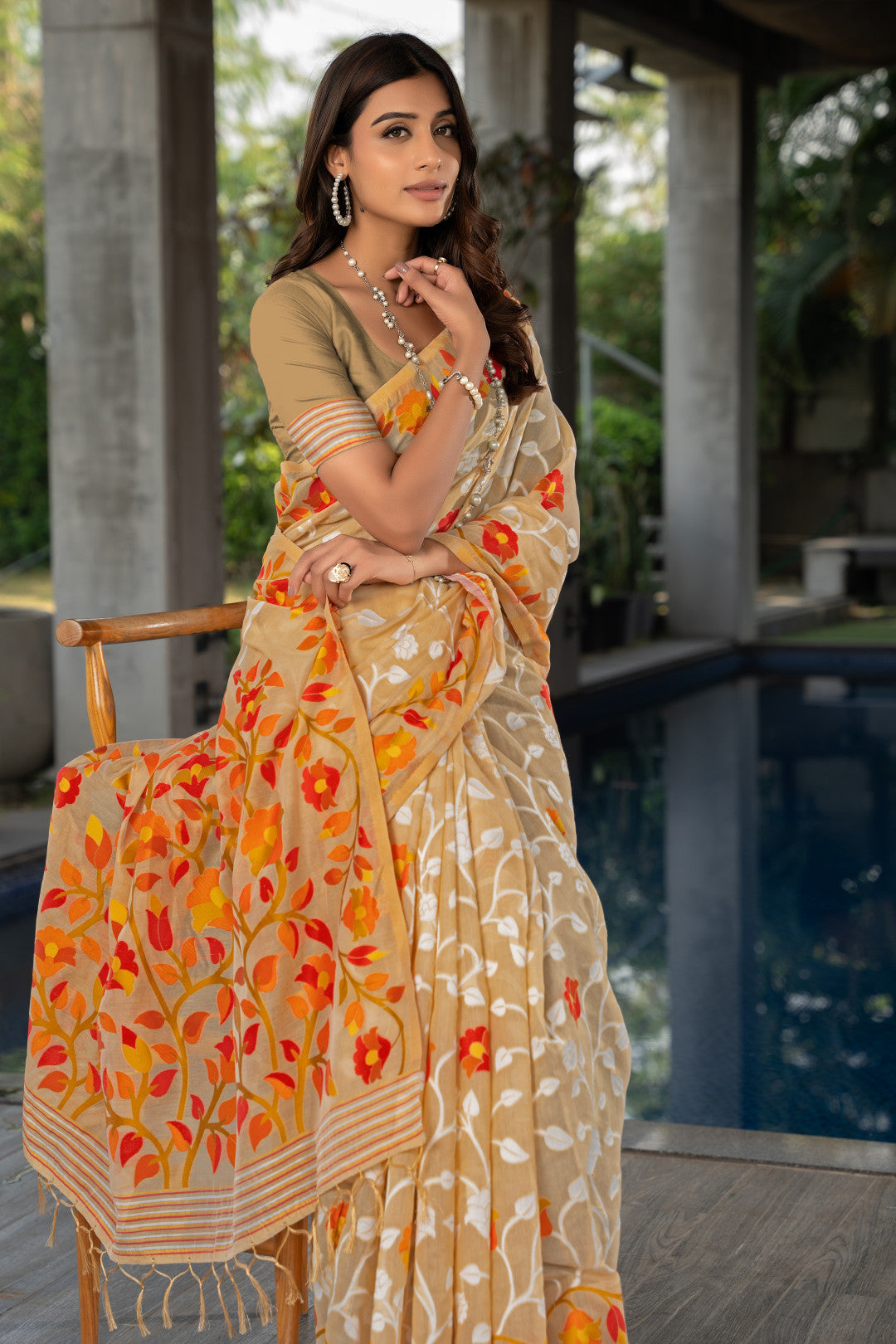 Beige Color Soft Jamdani Cotton Saree With Woven Design