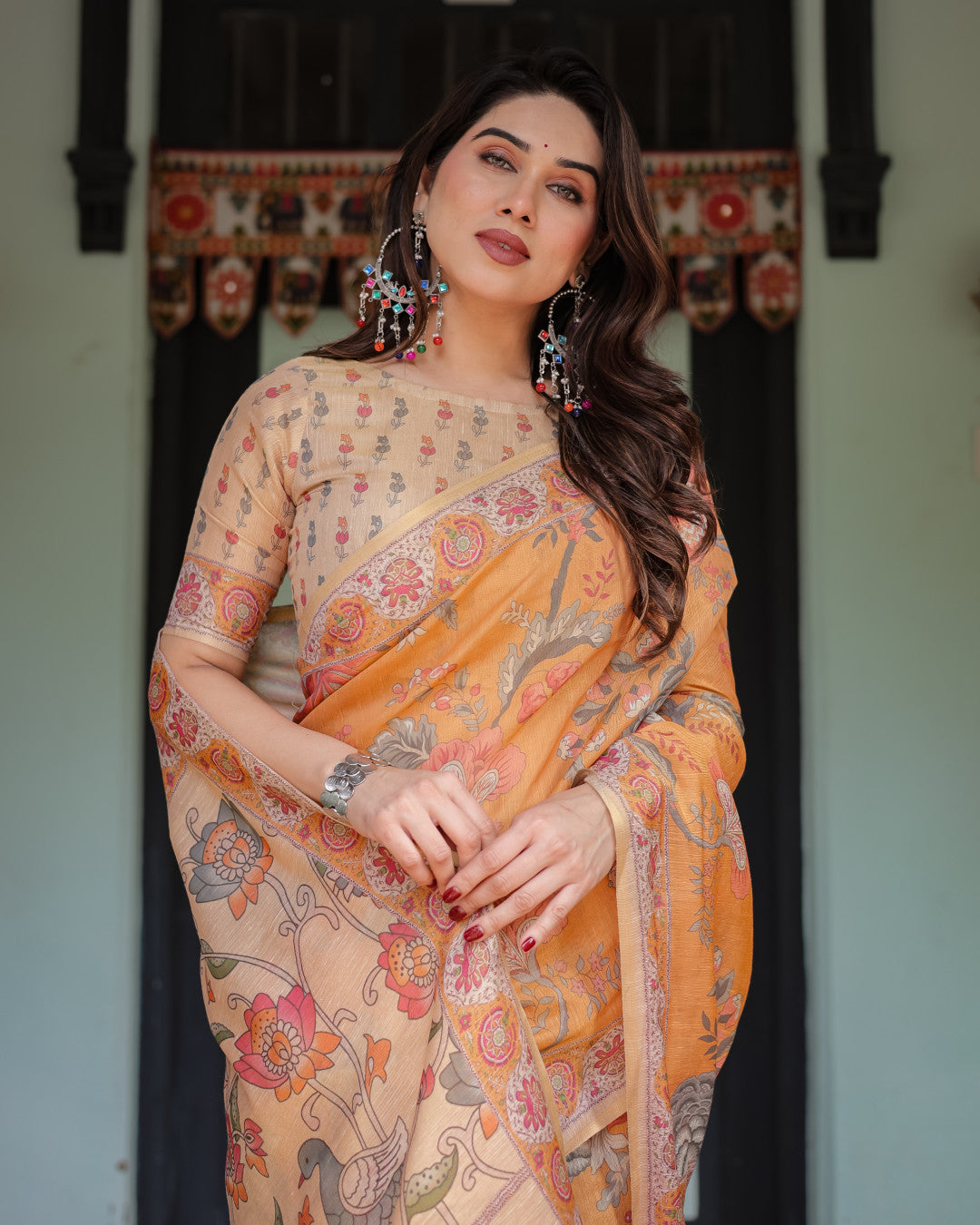Soft Linen Cotton Saree With Kalamkari Printed Work