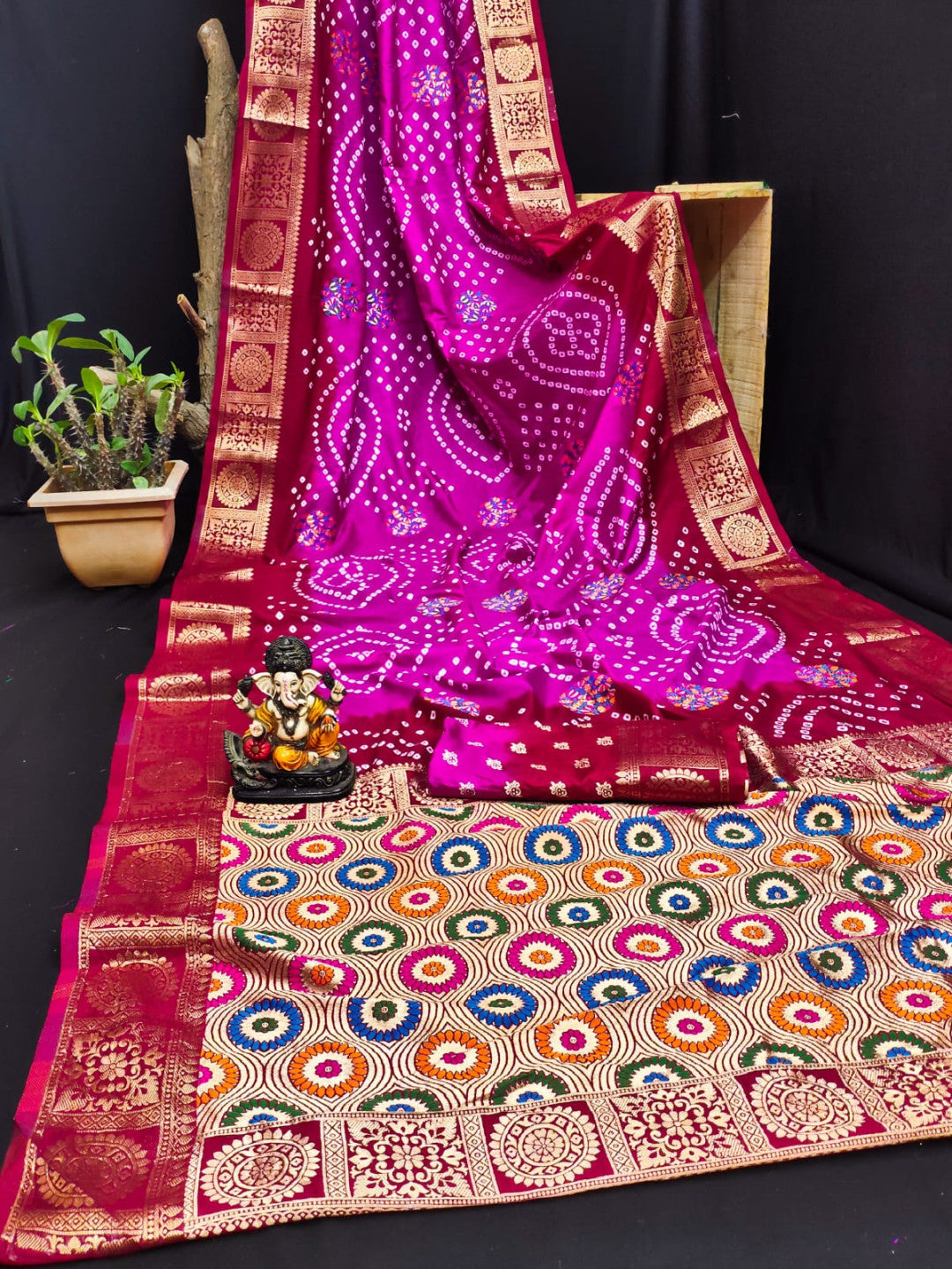 Multi Color Soft Bandhej Silk Saree With Zari Weaving Work