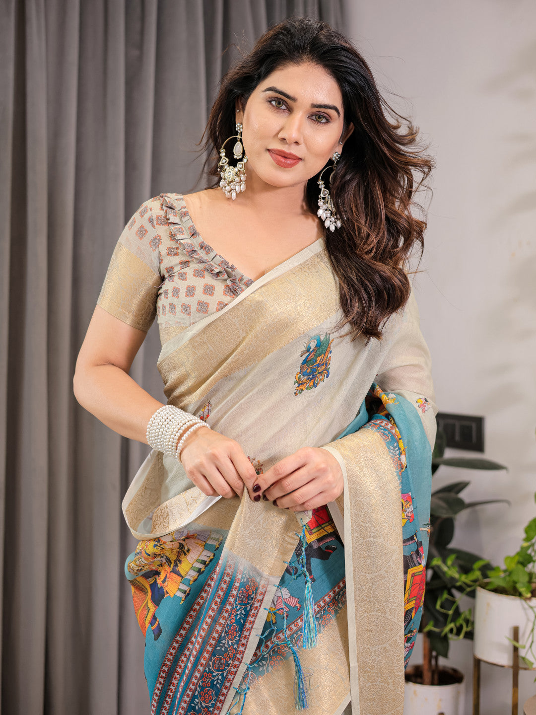 Kalamkari Digital Printed Linen Cotton Saree