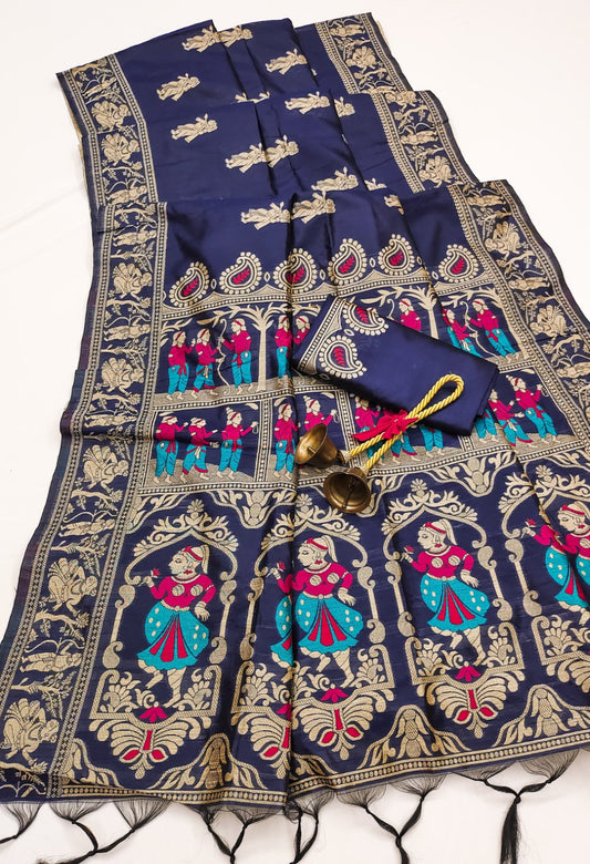 Navy Blue Traditional Handloom Raw Silk Saree With Woven Design