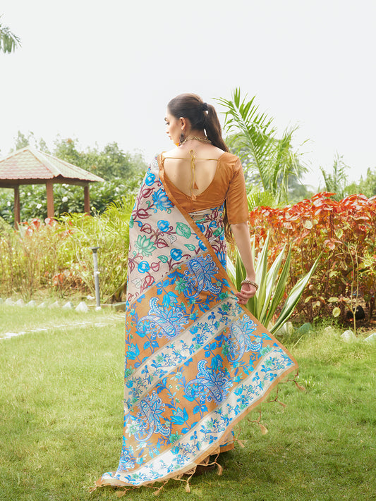 Mustard Yellow Kalamkari Printed Designer Tussar Silk Saree