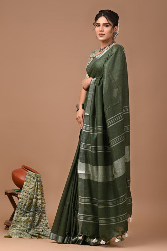 Mahendi Green Colour Pure Plain Linen Cotton Saree With Ajrakh Blockprinted Cotton Blouse
