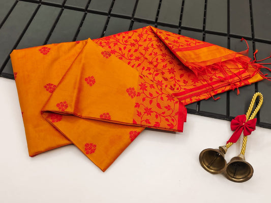 Orange Color Khadi Raw Silk Saree With Jamdani Weaving Border