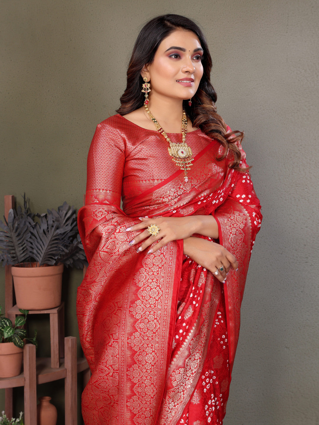 Red Premium Bandhej Silk Saree With Zari Weaving Work