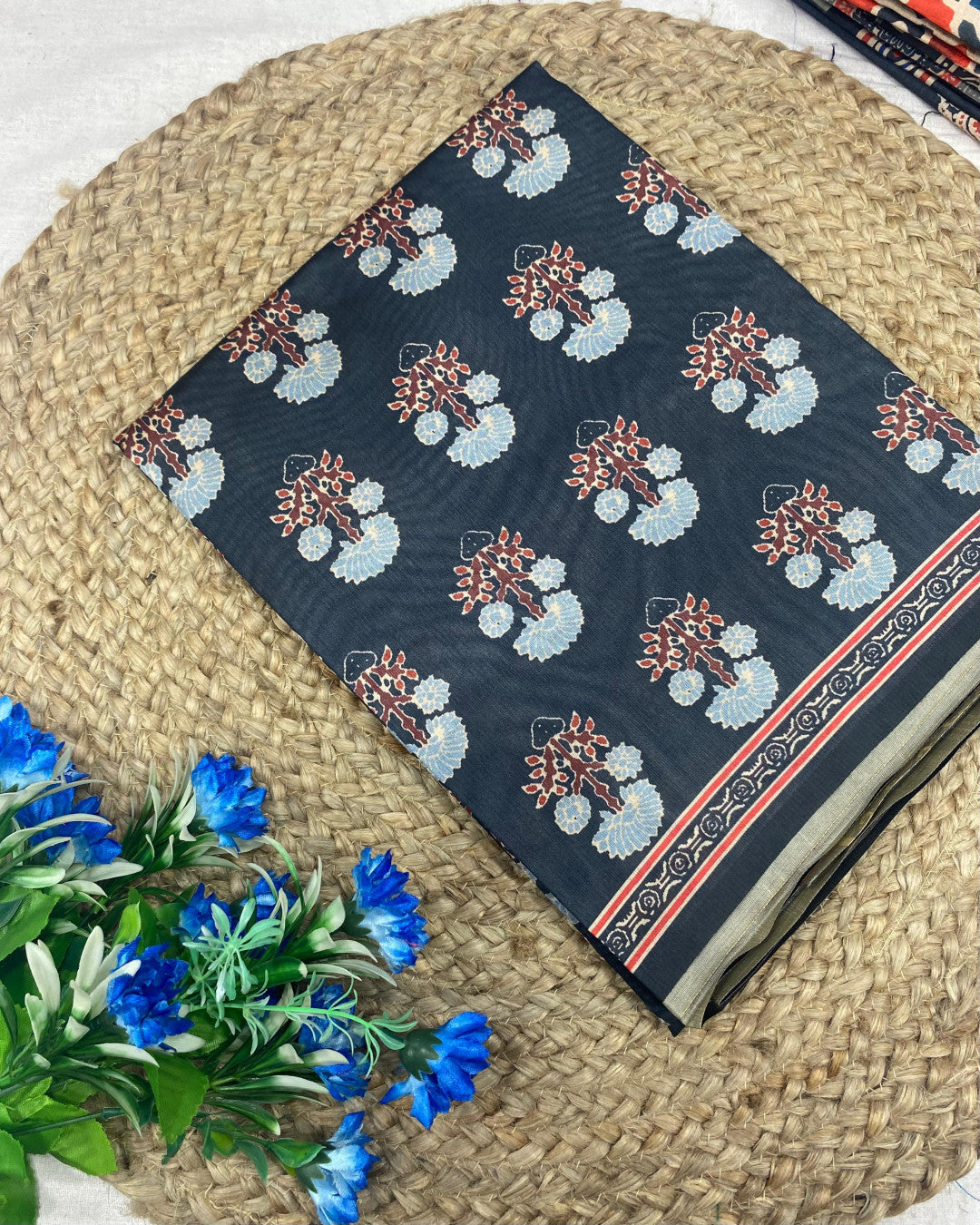 Black Ajrakh Print Tussar Silk Saree