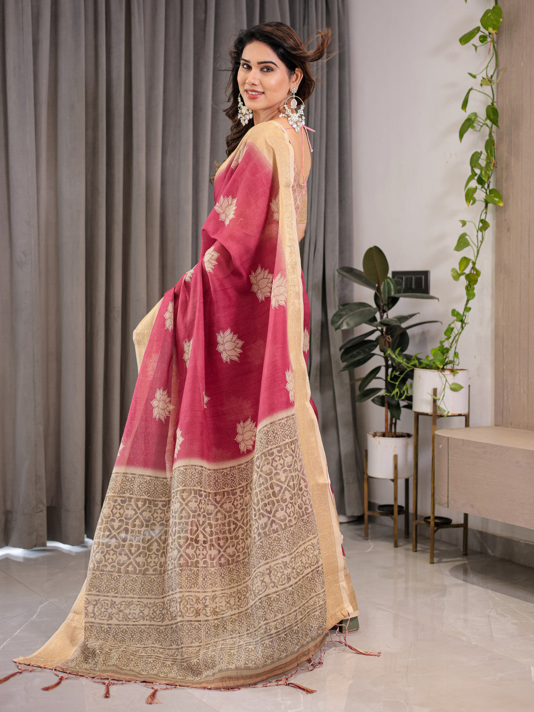 Multi Kalamkari Digital Printed Linen Cotton Saree