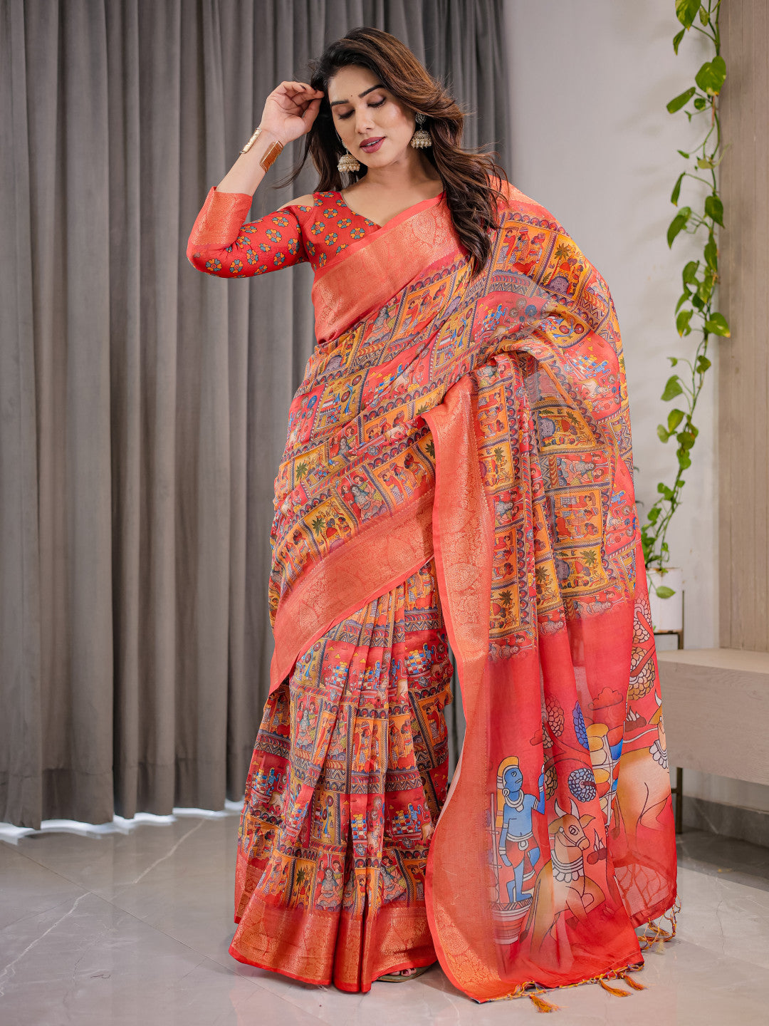 Kalamkari Digital Printed Linen Cotton Saree