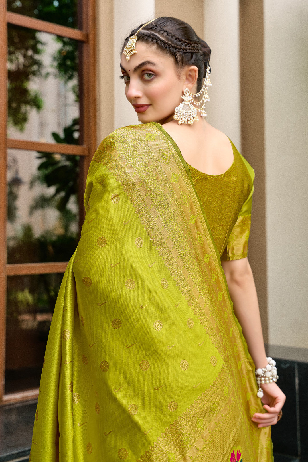 Traditional Parrot Green Paithani Silk Saree With Zari Weaving Work