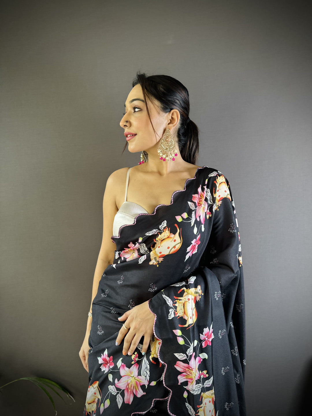 Black Gadhwal Silk Saree With Pichwai Print And Embroidery Cut Work