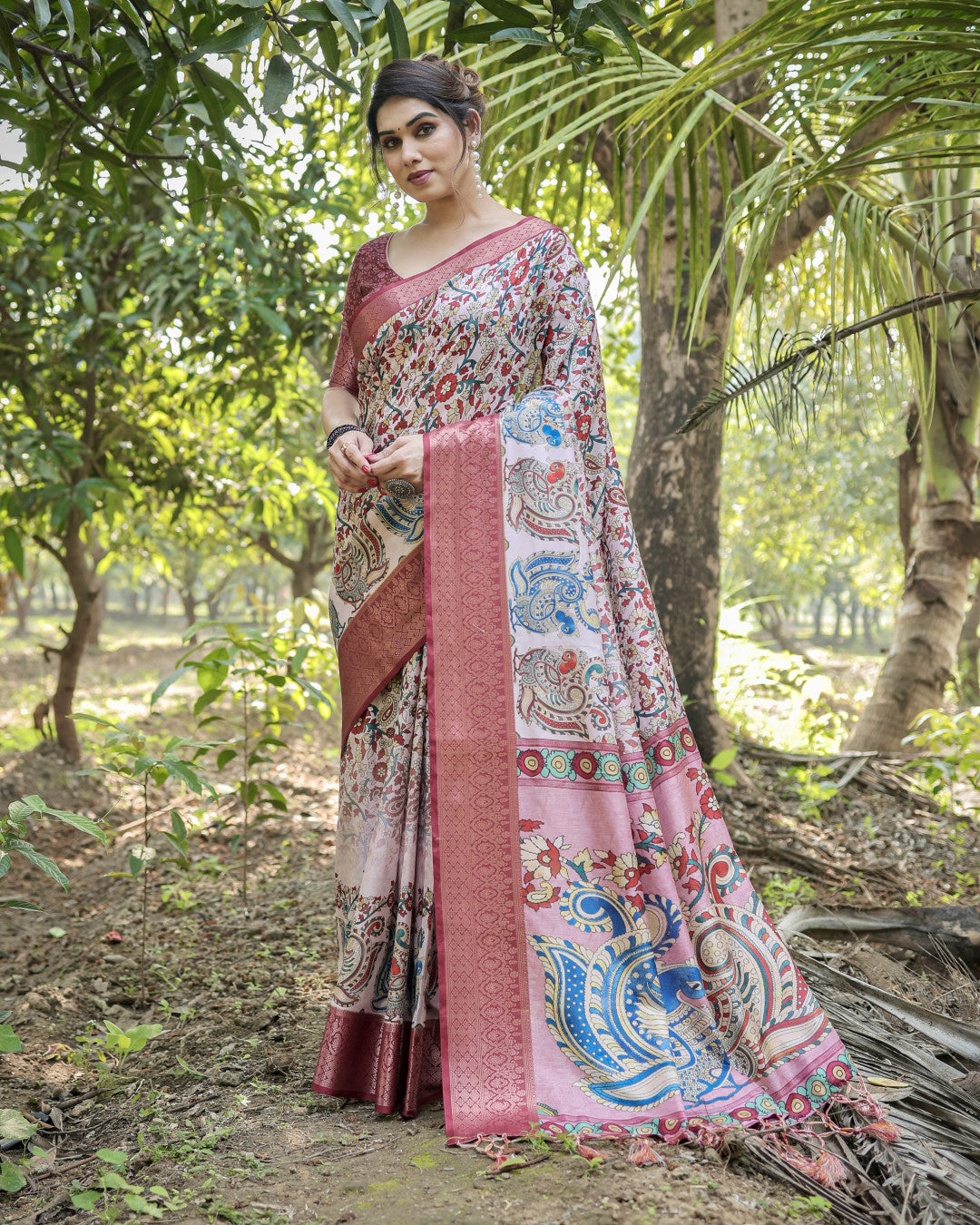 Multi Fancy Kalamkari Digital Printed Tussar Silk Saree