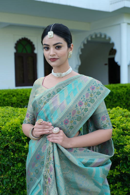 Firoji Color Soft Organza Silk Saree With Zari Weaving Work