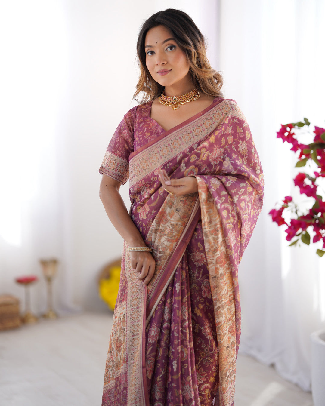 Multi Color Kalamkari Digital Printed Linen Cotton Saree