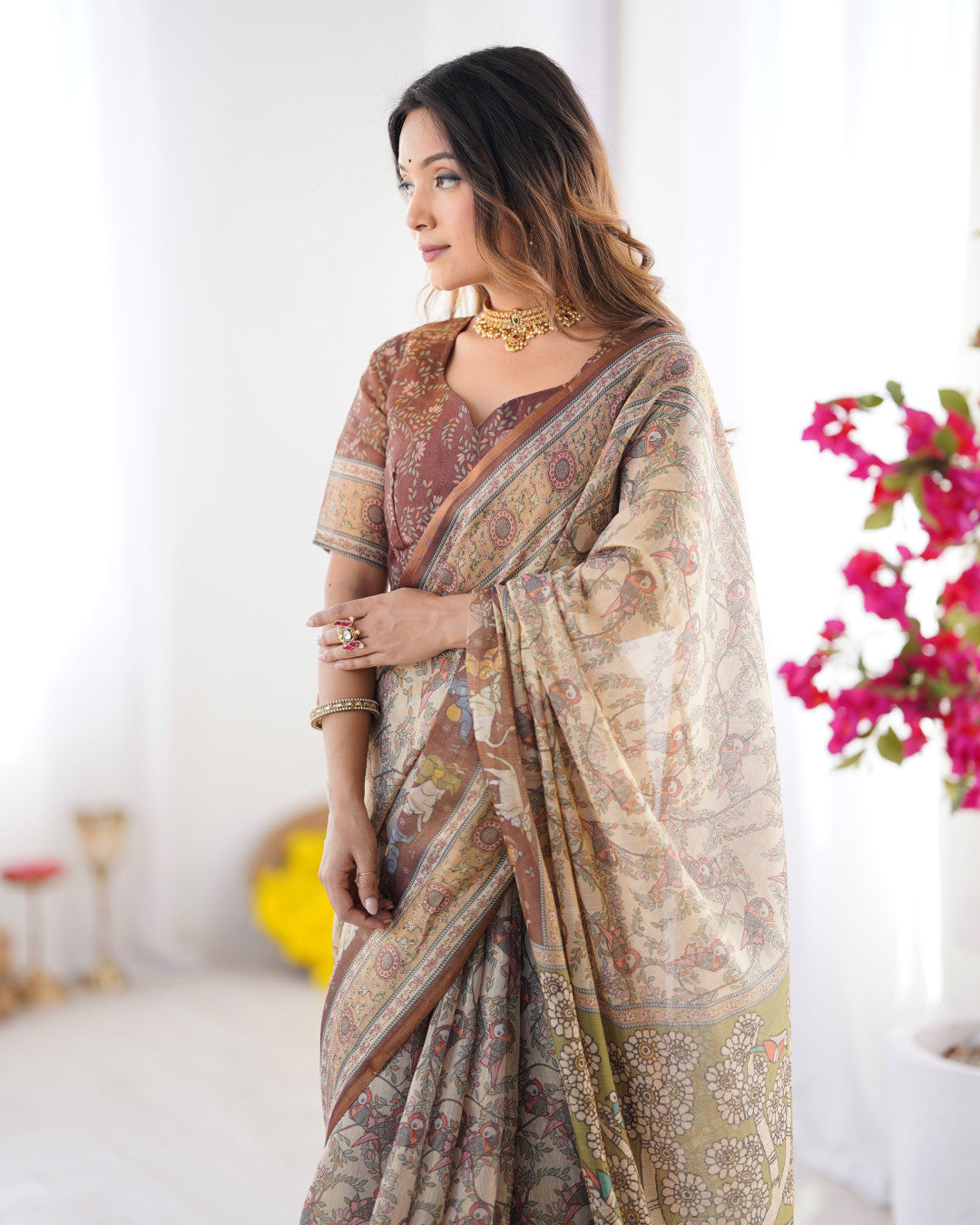 Multi Color Kalamkari Digital Printed Linen Cotton Saree
