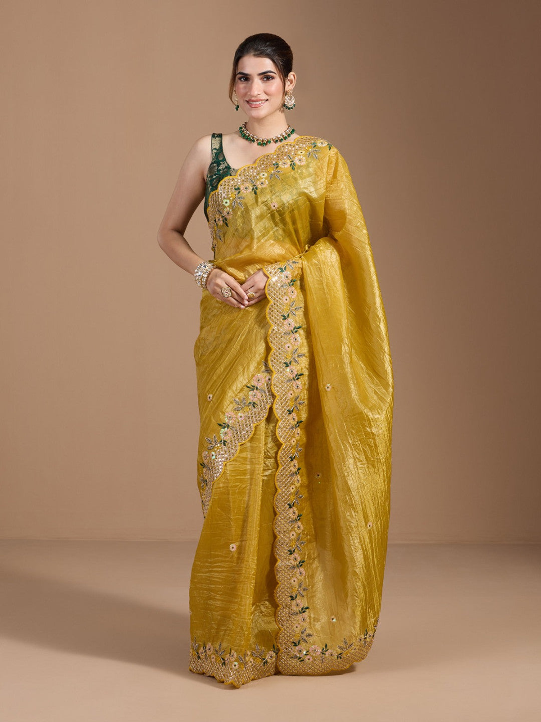 Gold Crush Silk Saree With Thread Sequence Work With Beautiful Cutting Border