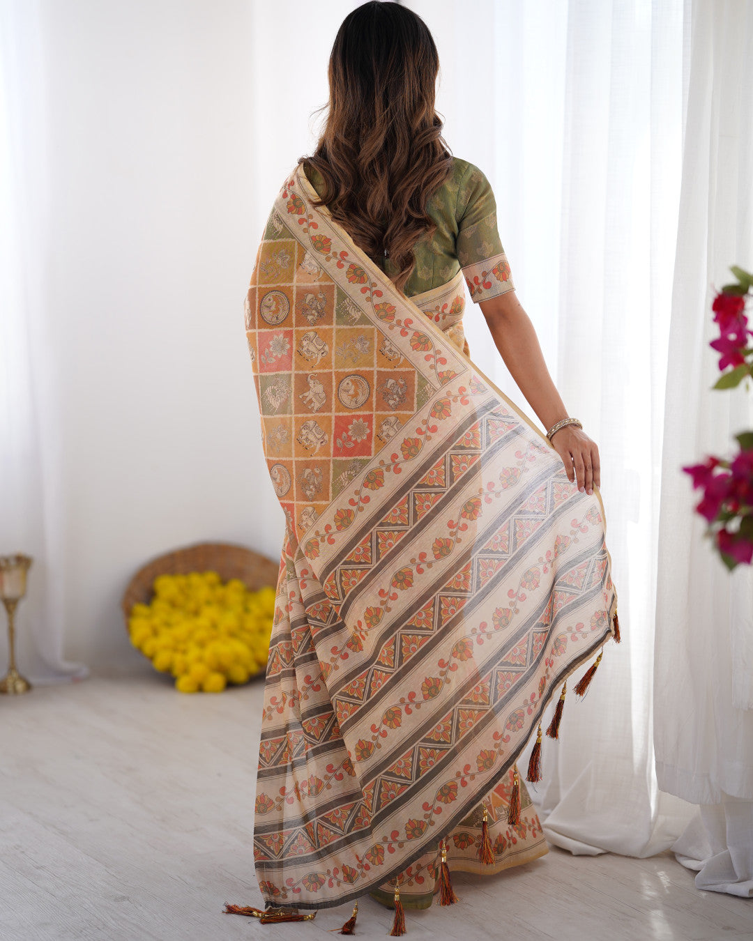 Multi Color Kalamkari Digital Printed Linen Cotton Saree