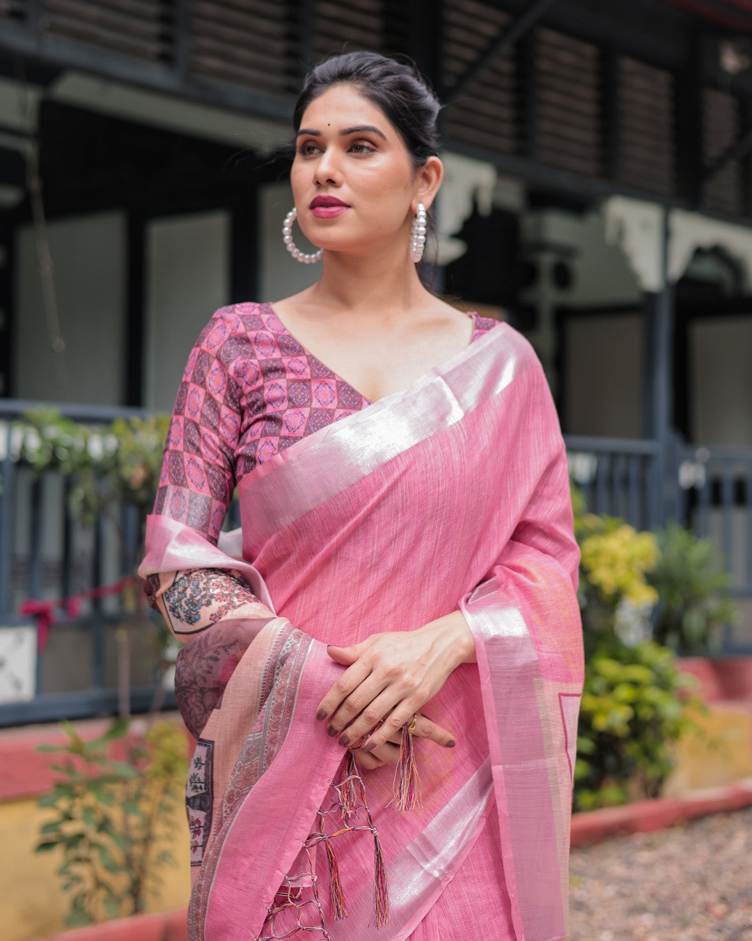 Baby Pink Soft Linen Cotton Saree With Digital Printed Work