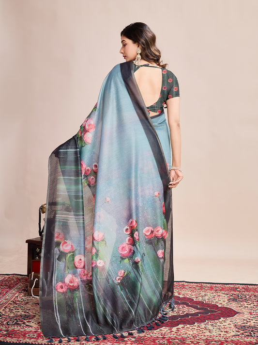 Gray Soft Linen Cotton Saree With Floral Printed Work