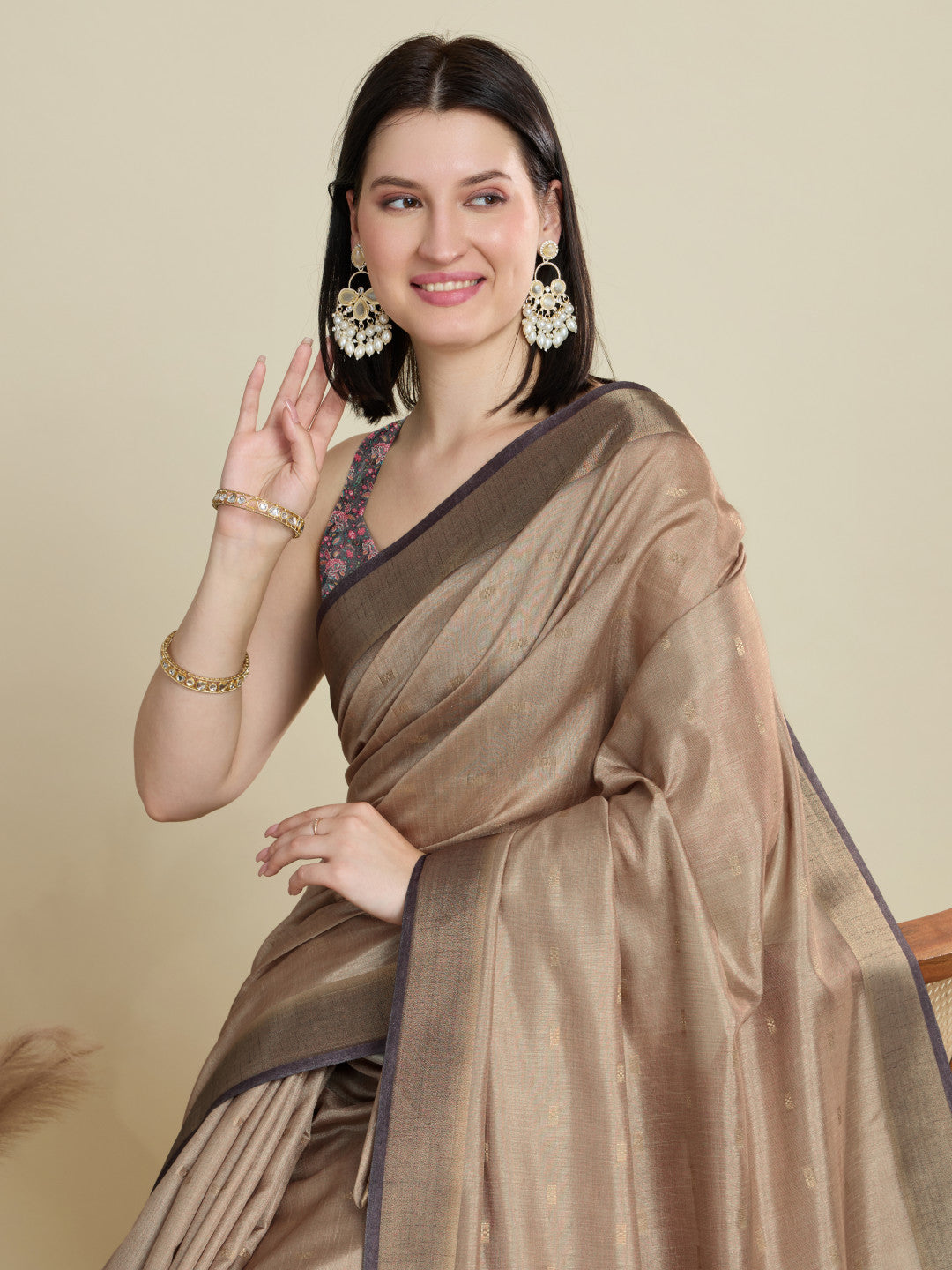 Beige Soft Cotton Saree With Kalamkari Digital Printed Pallu & Zari Border