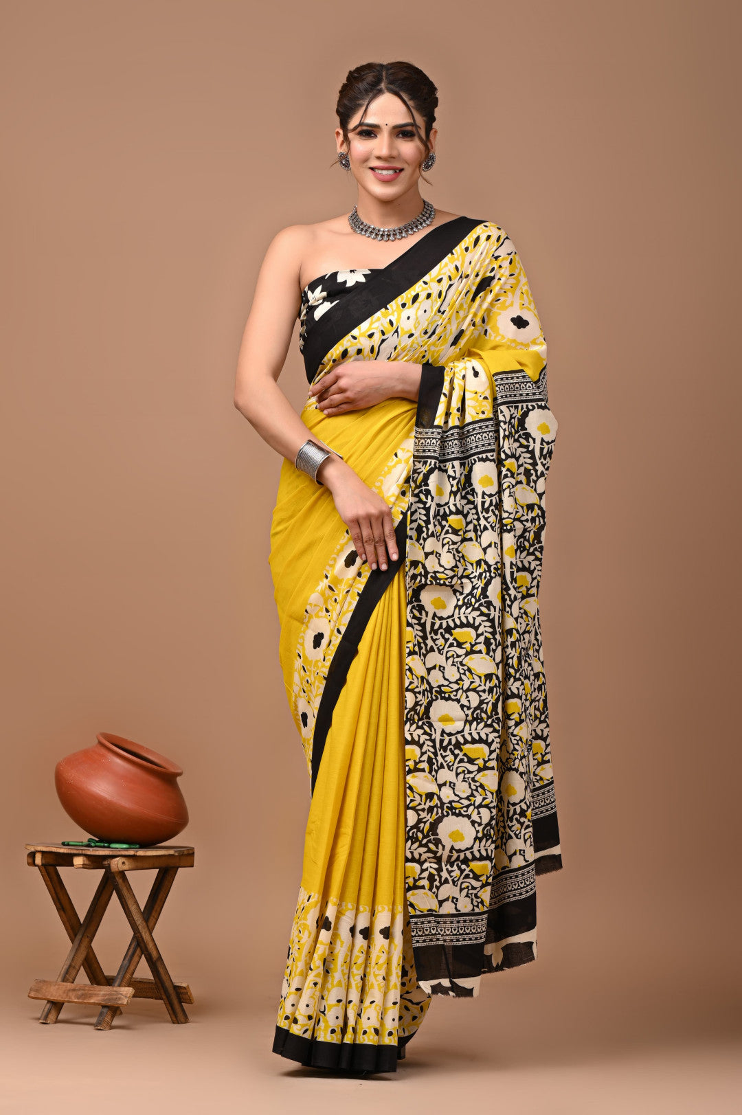 Yellow Pure Mulmul Cotton Saree With Bagru Hand Block Printed Work