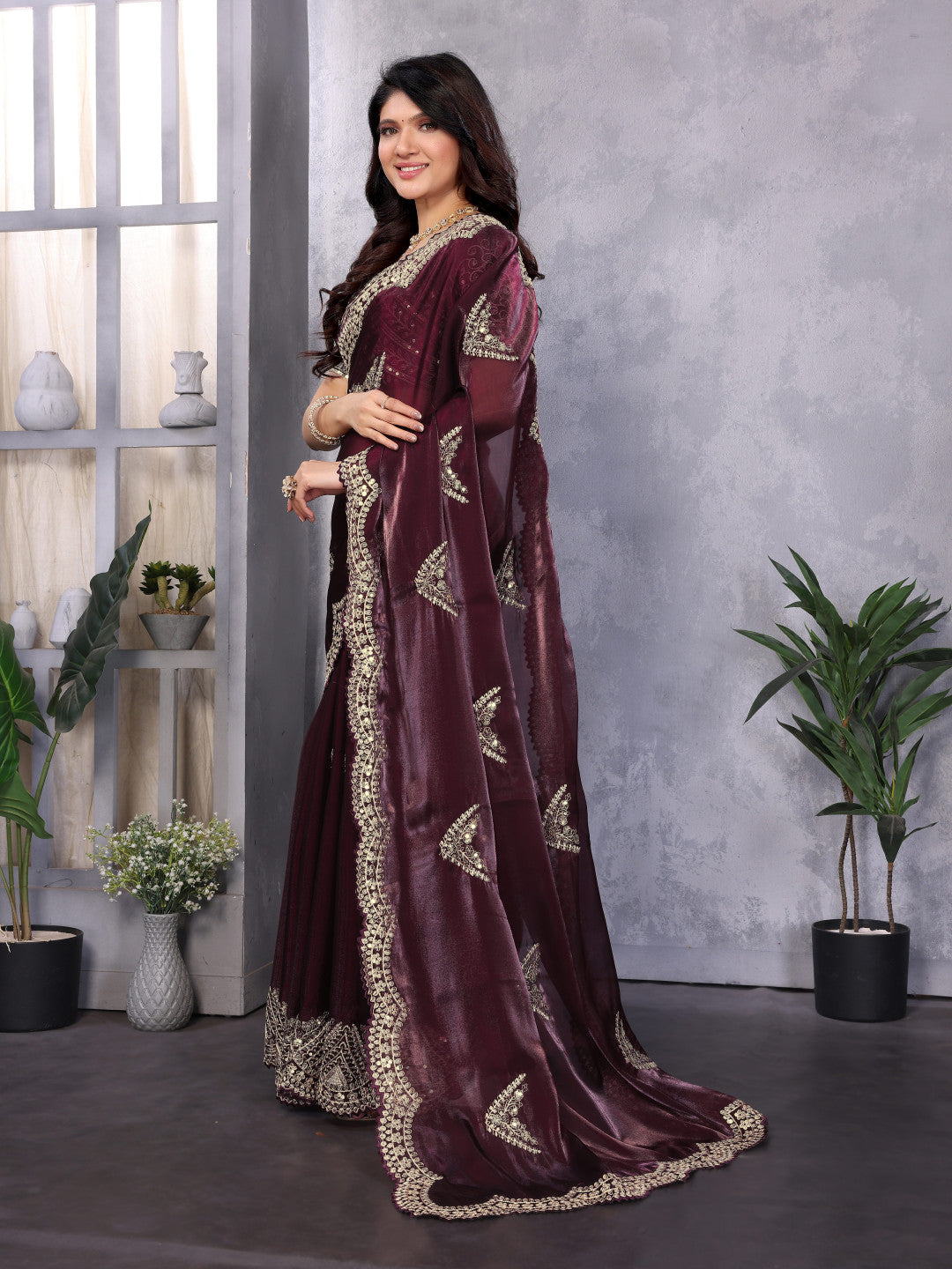 Wine Fancy Shimmer Chiffon Saree With Embroidery Work