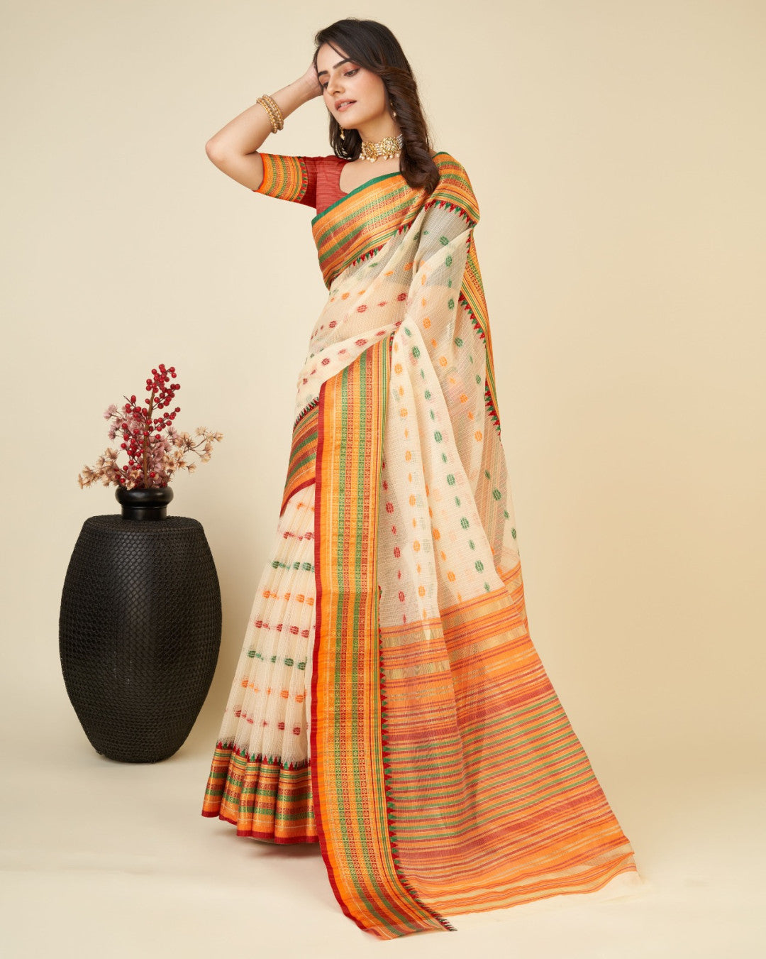 Off White Color Kota Doriya Saree With Zari Weaving Work