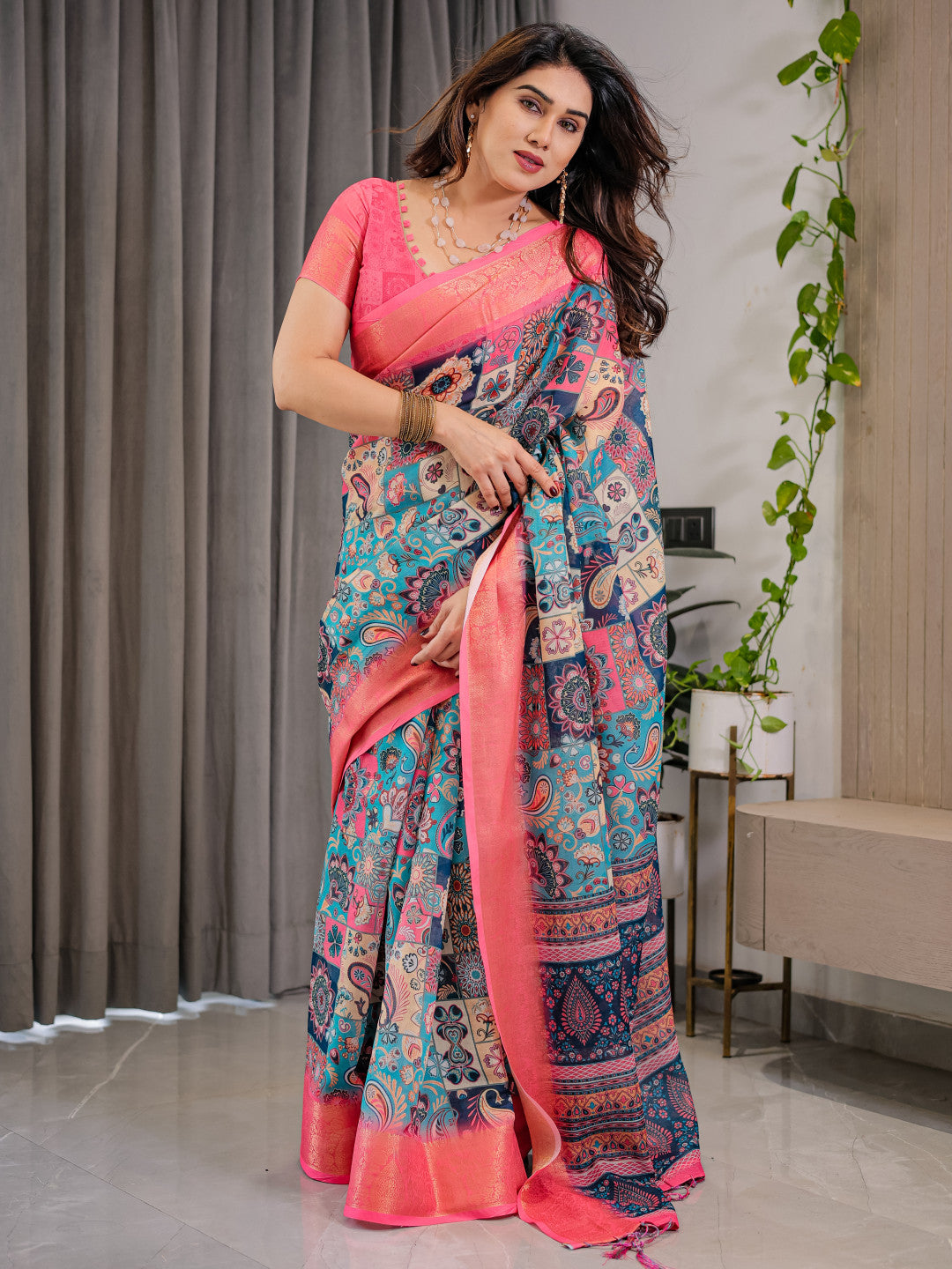Kalamkari Digital Printed Linen Cotton Saree