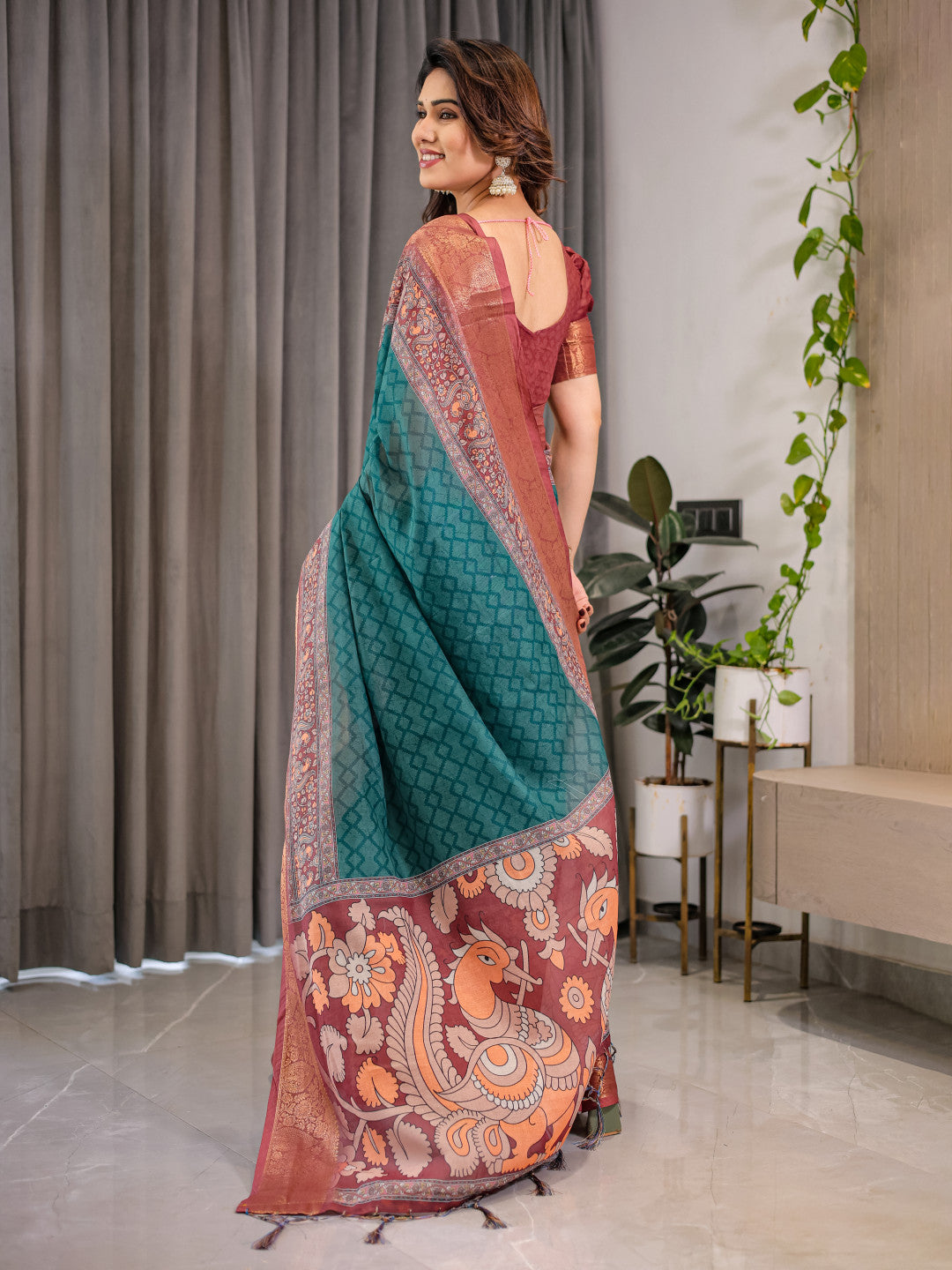 Kalamkari Digital Printed Linen Cotton Saree