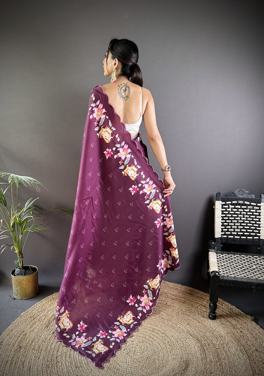 Magenta Gadhwal Silk Saree With Pichwai Print And Embroidery Cut Work