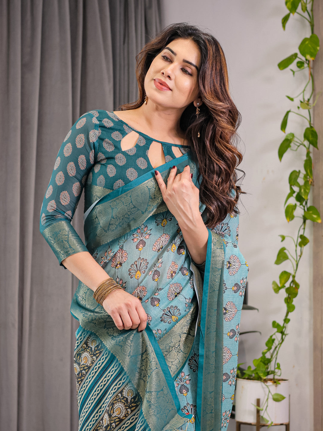 Kalamkari Digital Printed Linen Cotton Saree