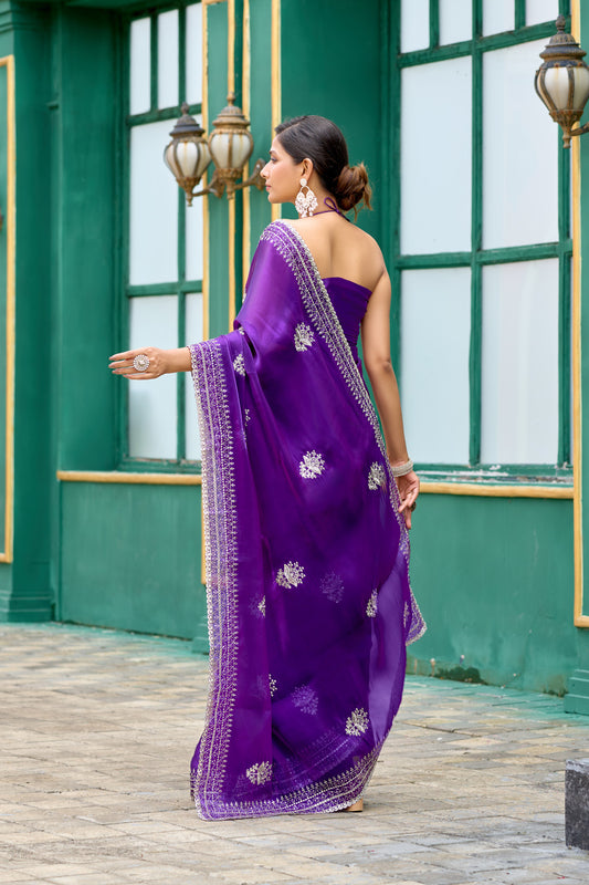 Purple Fancy Shimmer Chiffon Saree With Embroidery Work