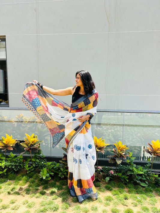 White Office Wear Linen Cotton Saree With Digital Printed Work