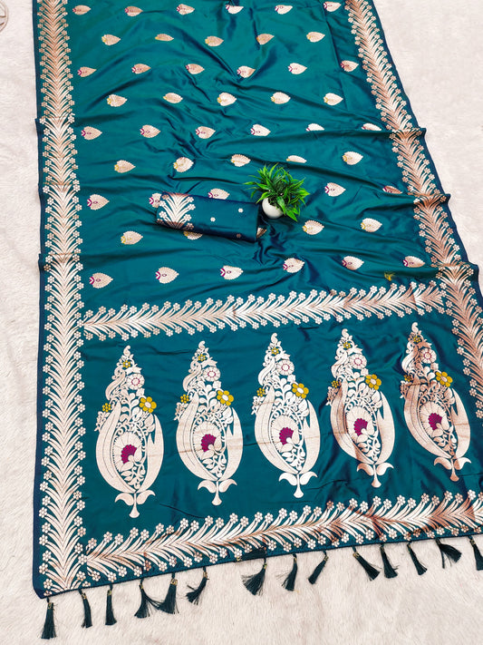 Firoji Traditional Banarasi Silk Saree With Zari Weaving Work