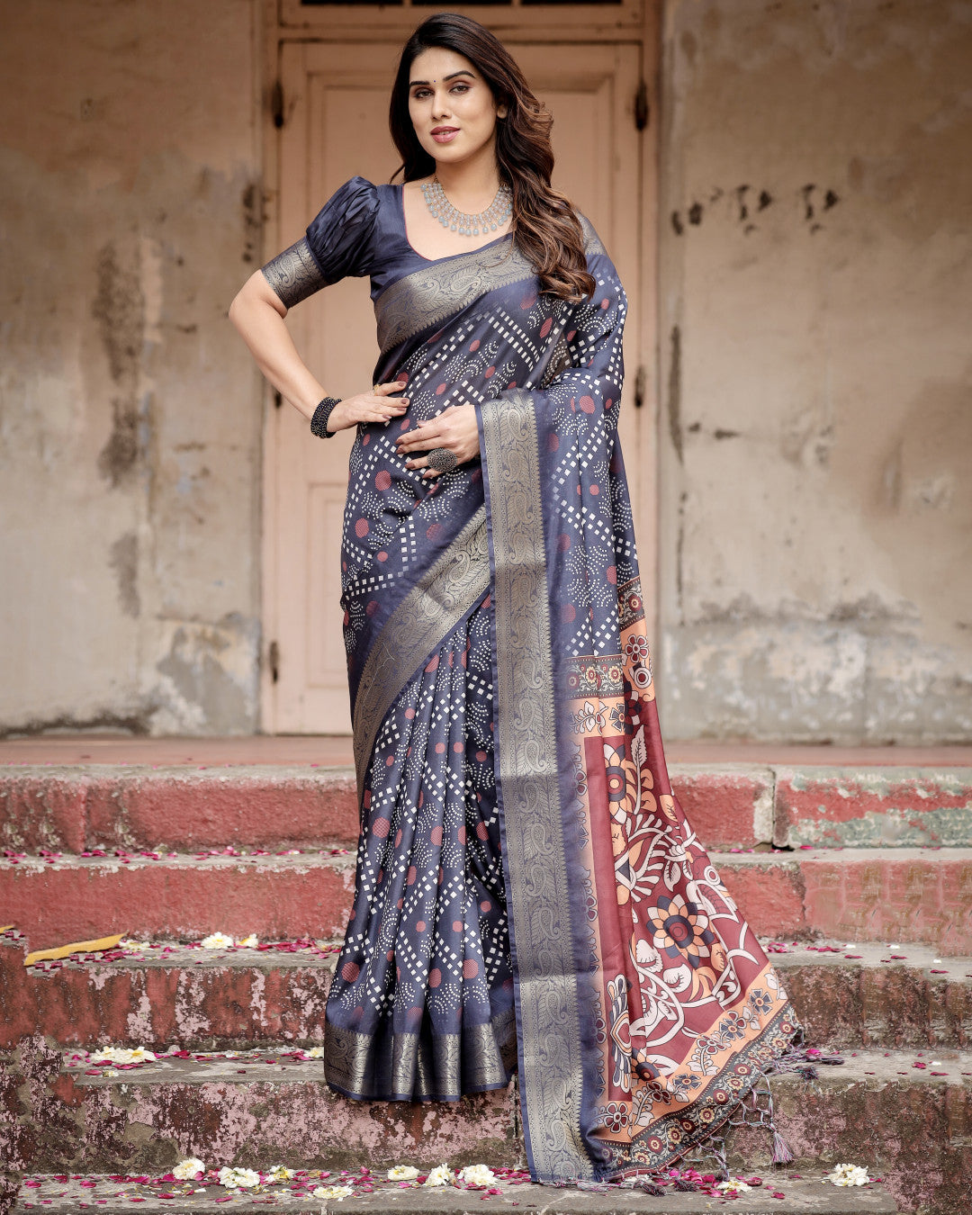 Blue Kalamkari Digital Printed Dola Silk Saree With Gold Zari Border