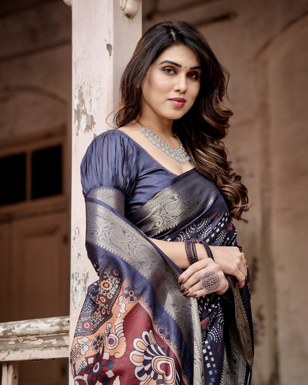 Blue Kalamkari Digital Printed Dola Silk Saree With Gold Zari Border
