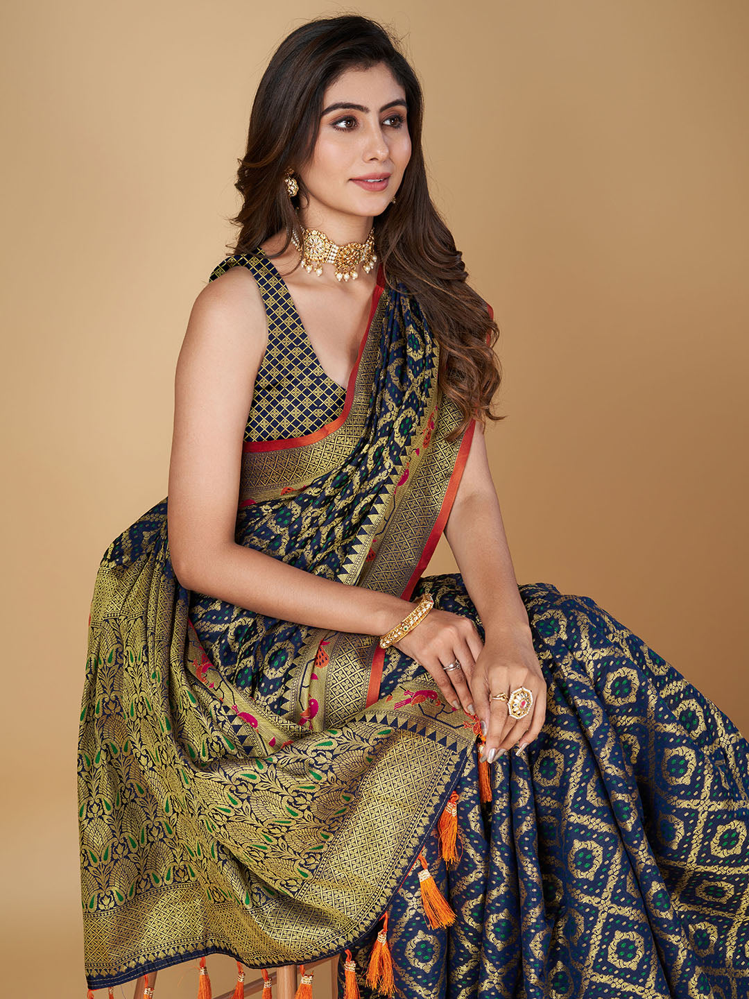 Navy Blue Color Patola Silk Saree With Zari Weaving Work