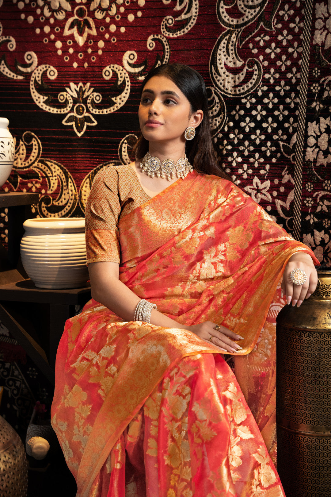 Red Jimmy Choo Saree With Weaving Work