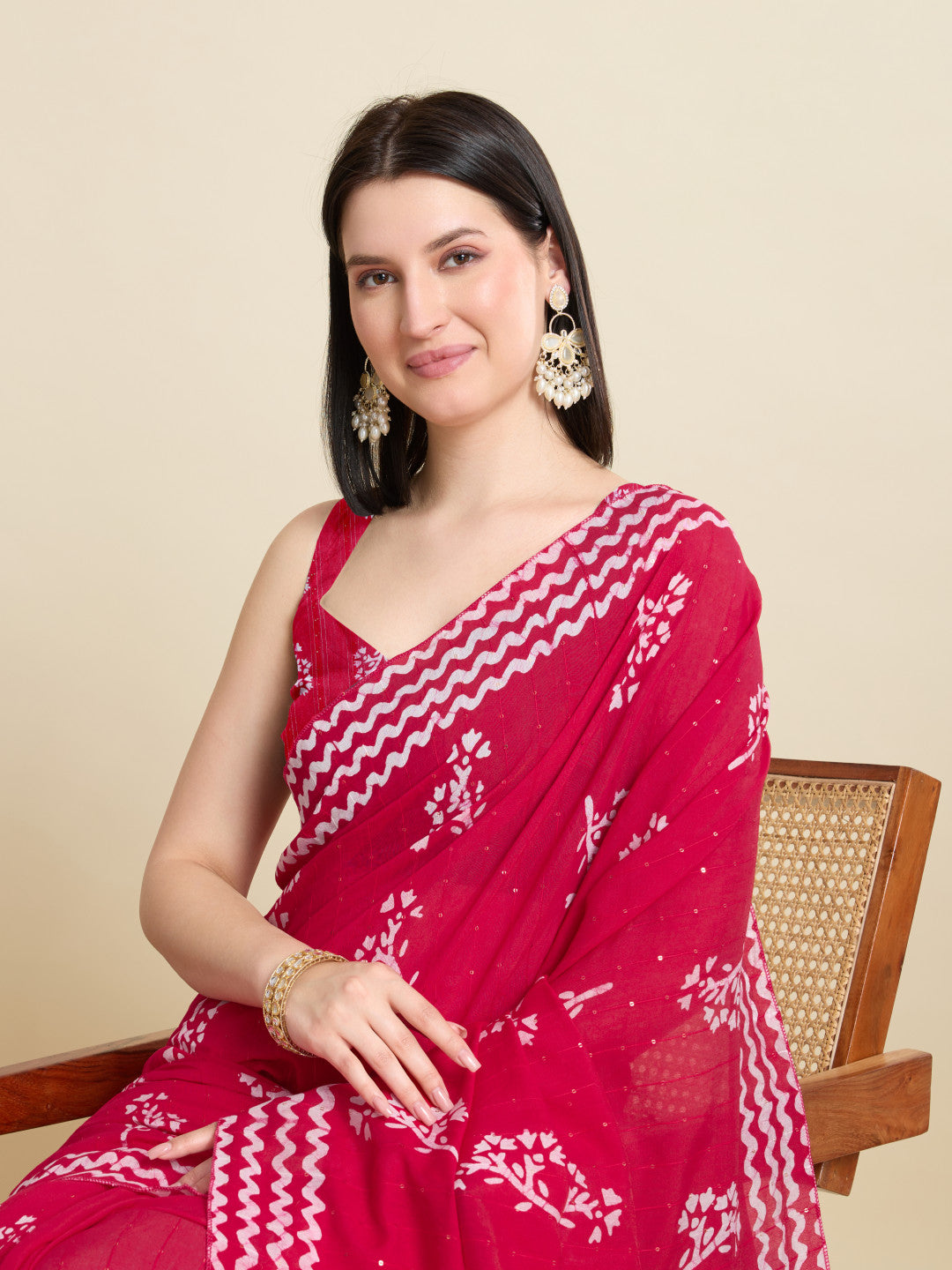 Rani Pink Batik Printed Soft Cotton Saree With Sequence Work