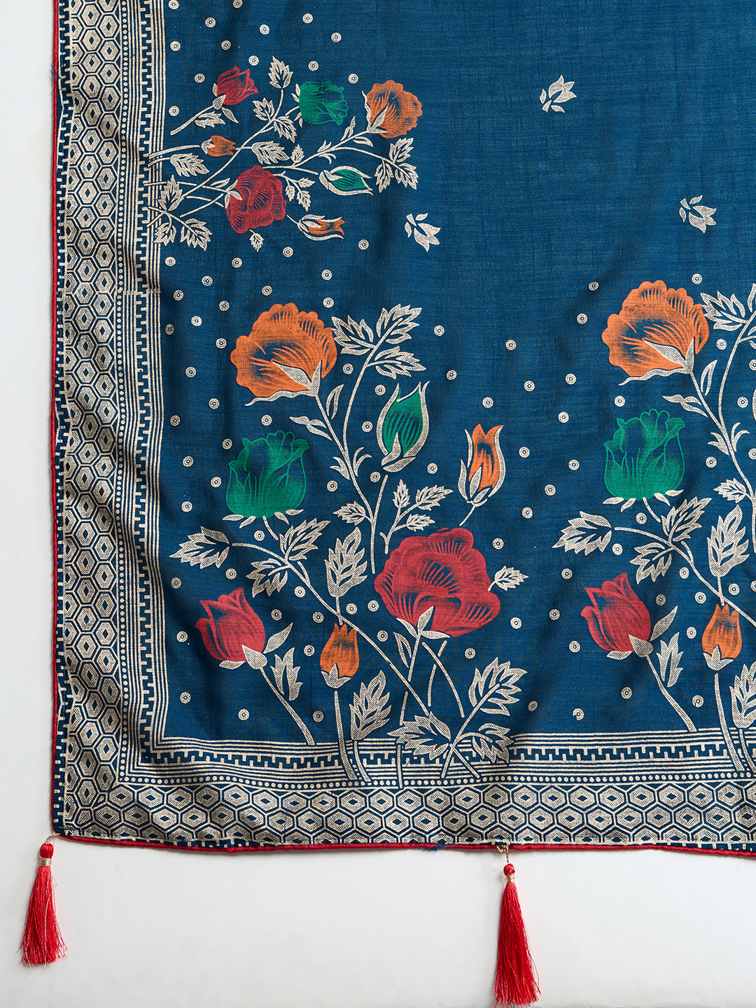 Navy Blue Cotton Saree With Table Printed And Foil Work With Pipeing Border